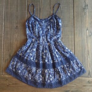 Aerie Button Up Mini Dress Womens Medium Blue Crochet Smock Western Boho Cottage